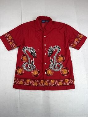 Vintage Y2K Sideout Boys Red Dragon Button Up Shirt Size M 10/12 Asian Tribal